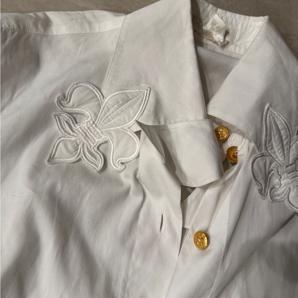Vintage Escada White Embroidered Blouse with Gold Buttons fleur de lis Designer